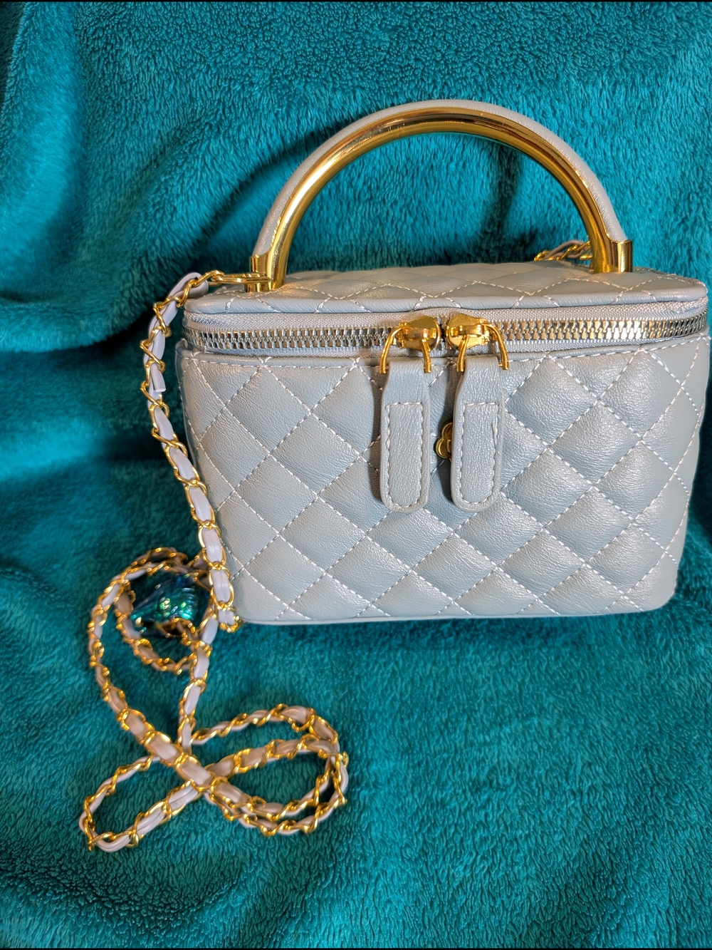 Quilted Top-Handle Crossbody Bag in Light Blue